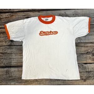 VTG 90's Nintendo Ringer T Shirt Pro Weight Y2K White Orange Logo Tee Sz Large
